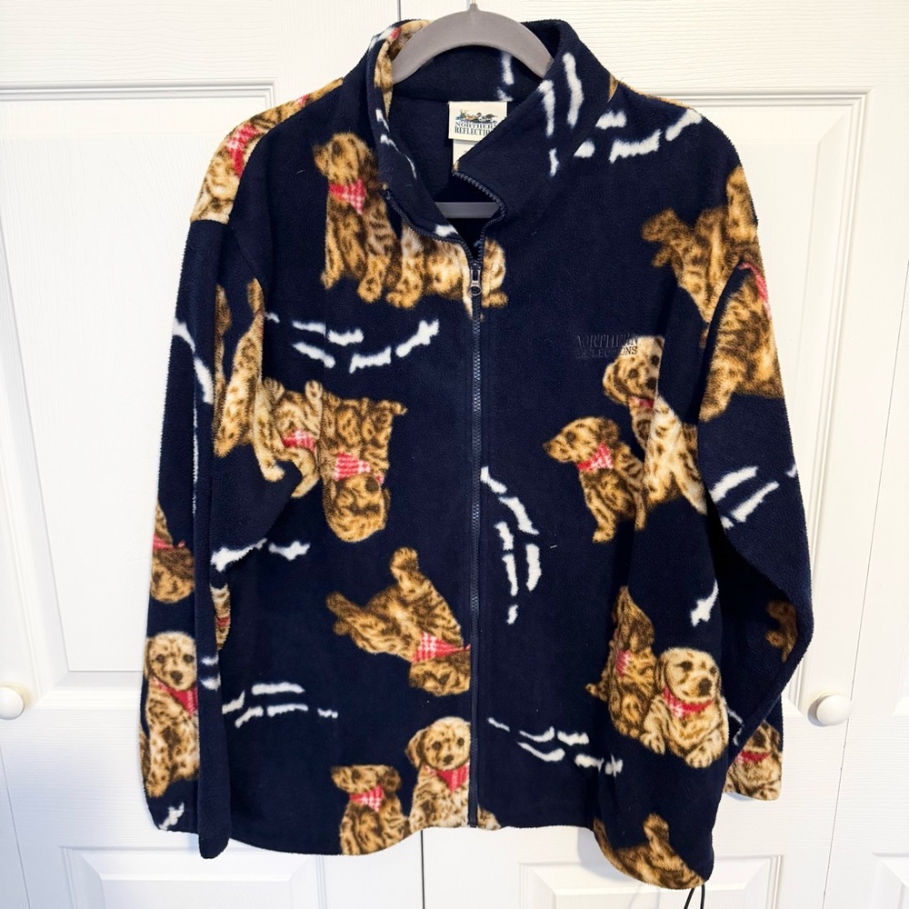 Vintage 90’s Northern Reflections Navy Fleece Jacket with Dog Pattern LARGE
